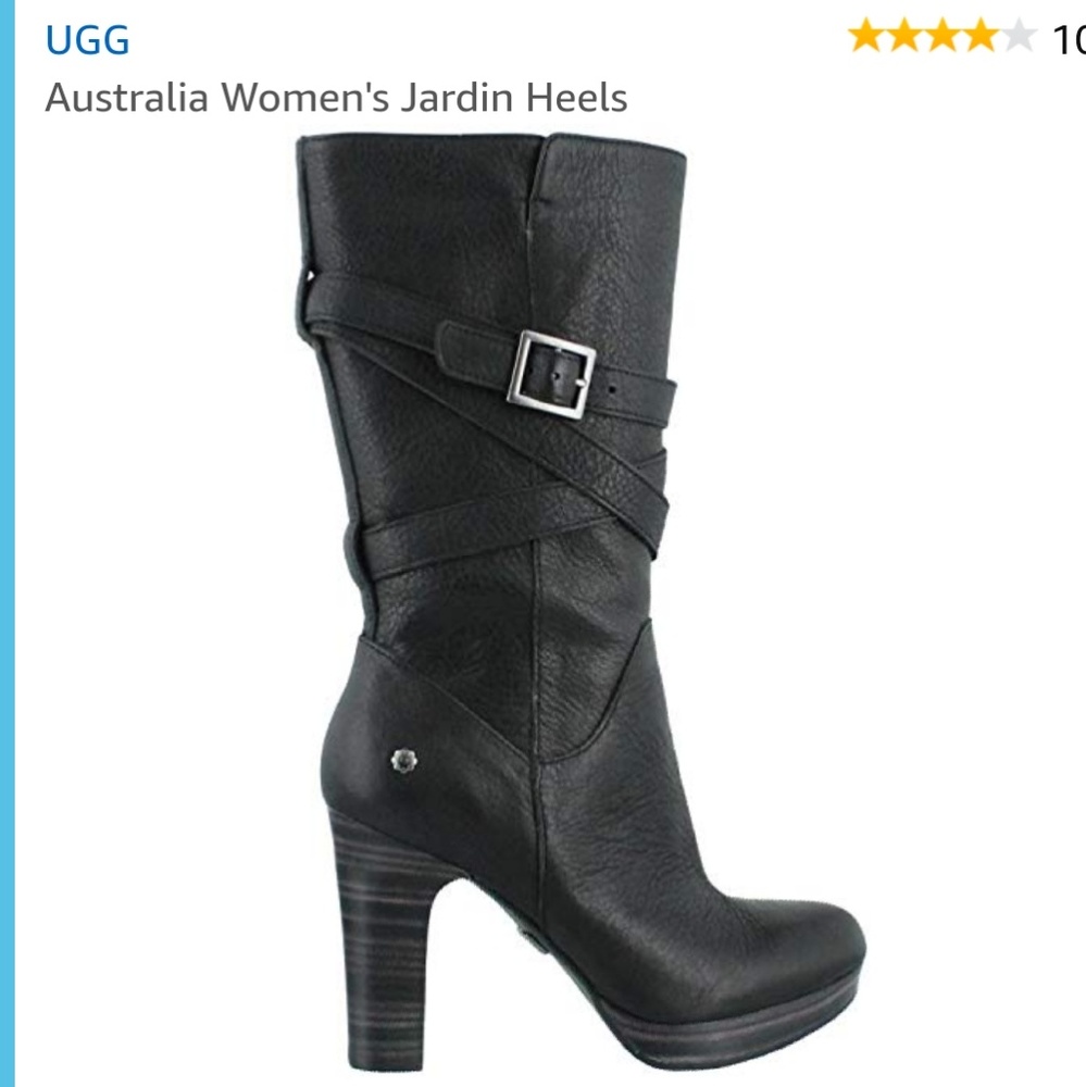 UGG Black Leather Mid-Calf Heeled Boots with Buckle